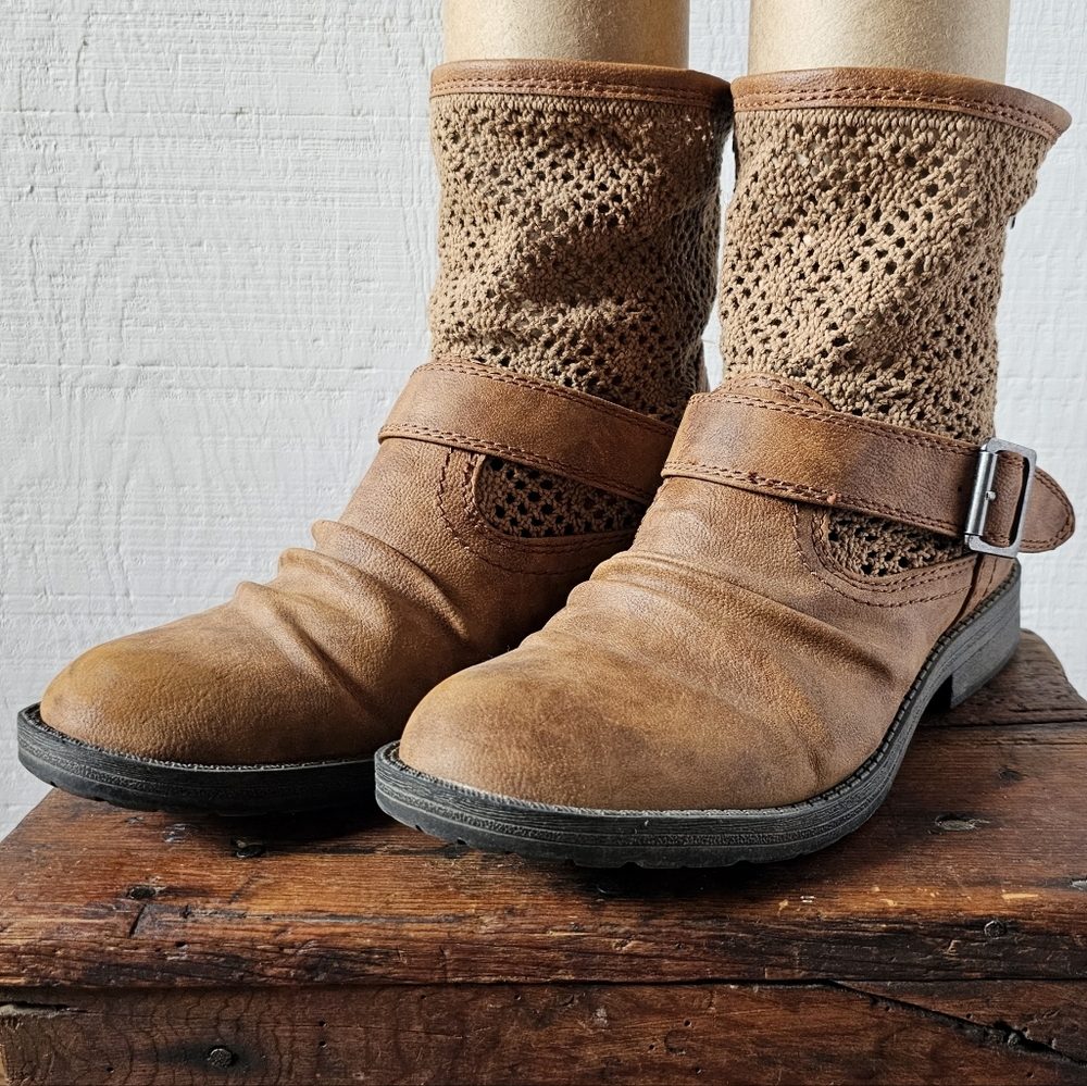 Slouchy moto boot - leather & crochet, Cognac, Women's size 9.